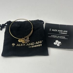 ALEX AND ANI + Energy Gold Tone Expandable Bangle Charm Bracelet Lucky Clover